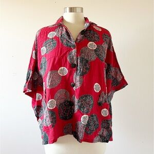 Pure Fit Mona Lisa OS Boxy Lagenlook Kimono Shirt Red 100% Cotton Japanese Geo